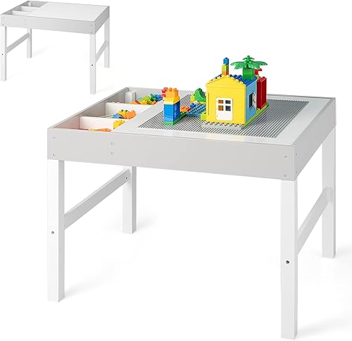 Miniatura 10 de HONEY JOY Mesa para niños, mesa de actividades de madera 2 en 1 con rollo de papel, mesa de bloques de construcción convertible, 3 compartimentos de