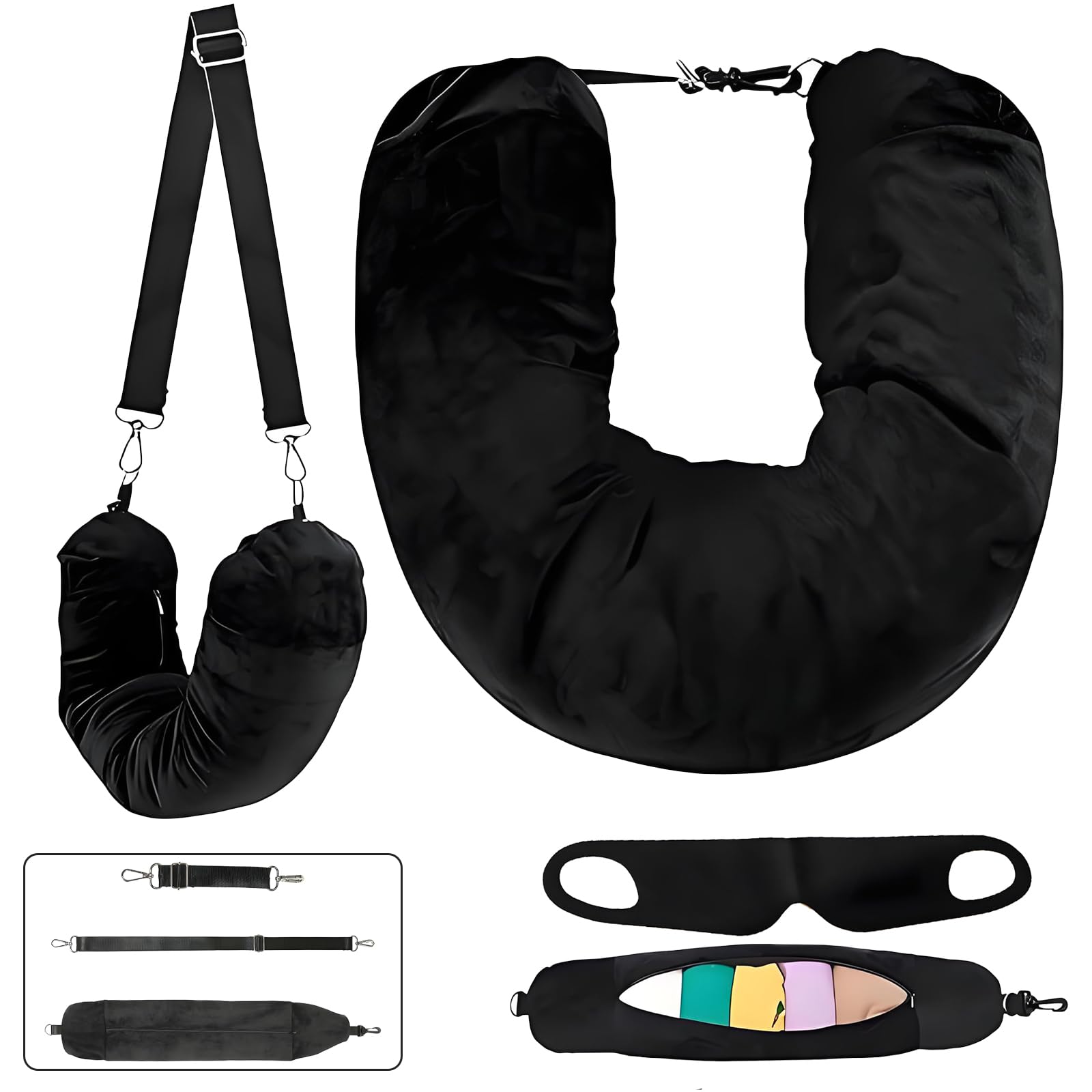 Binmiza Black Stuffable Neck Pillow For Travel, Travel Neck Pillows With Adjustable Strap & Sleep Mask, Fillable Travel Pillow With Clothes For Airplane Train Camping (Black)