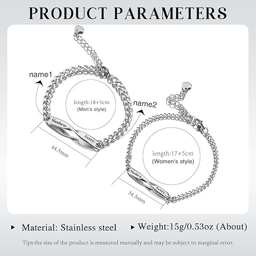 Miniatura 2 de Pulseras personalizadas a juego para parejas, pulseras de pareja con nombre personalizado, joyería ajustable para parejas, regalos de San Valentín