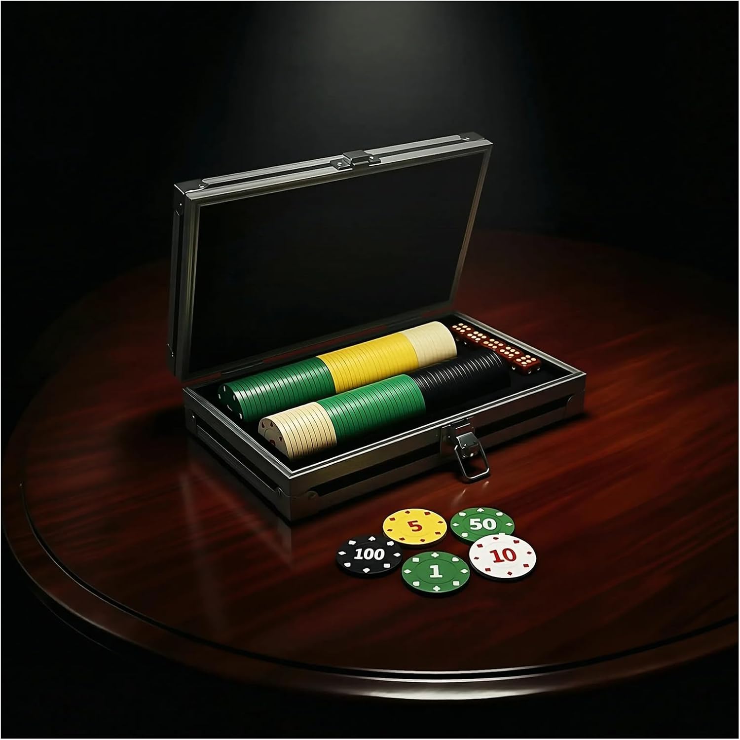 Poker Chips Set with Aluminum Case, 100 Plastic Casino Chips, 5 Dice, Portable Blackjack Set for Game Nights & Travel, Multicolor Style Poker Chip Holder