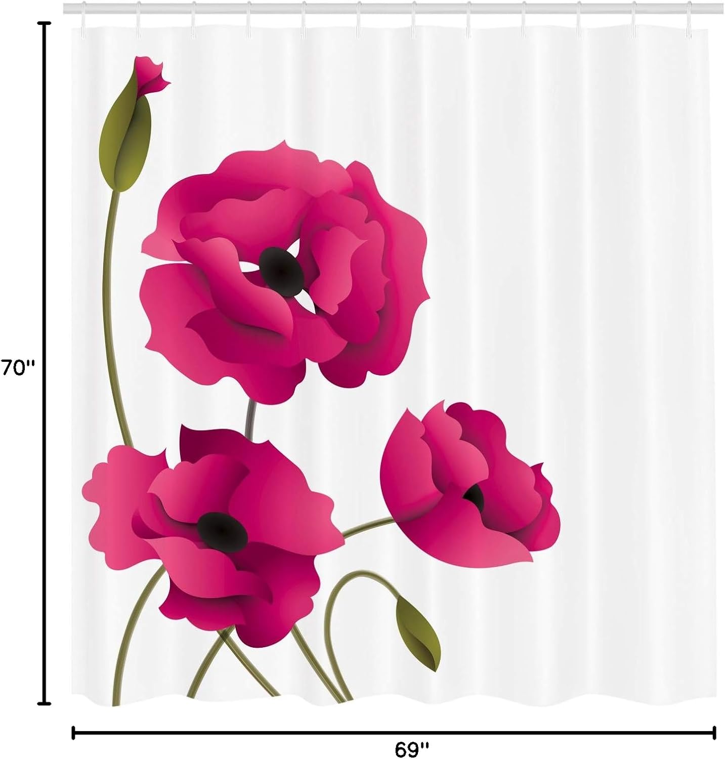 Ambesonne Floral Shower Curtain, Poppy Flowers Vivid Petals Buds Pastoral Purity Mother Earth Nature Design, Cloth Fabric Bathroom Decor Set with Hooks, 69" W x 70" L, Hot Pink