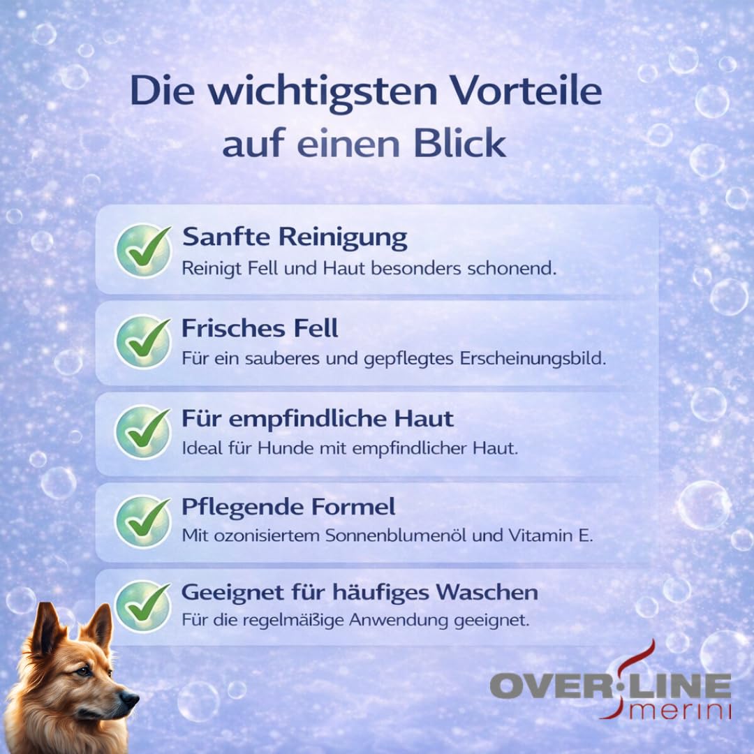 OVER LINE MERINI | Hundeshampoo mit Ozon 1 Liter – Milde Reinigung für empfindliche Haut – Unterstützt bei Juckreiz und Hautirritationen – Für die regelmäßige Anwendung geeignet