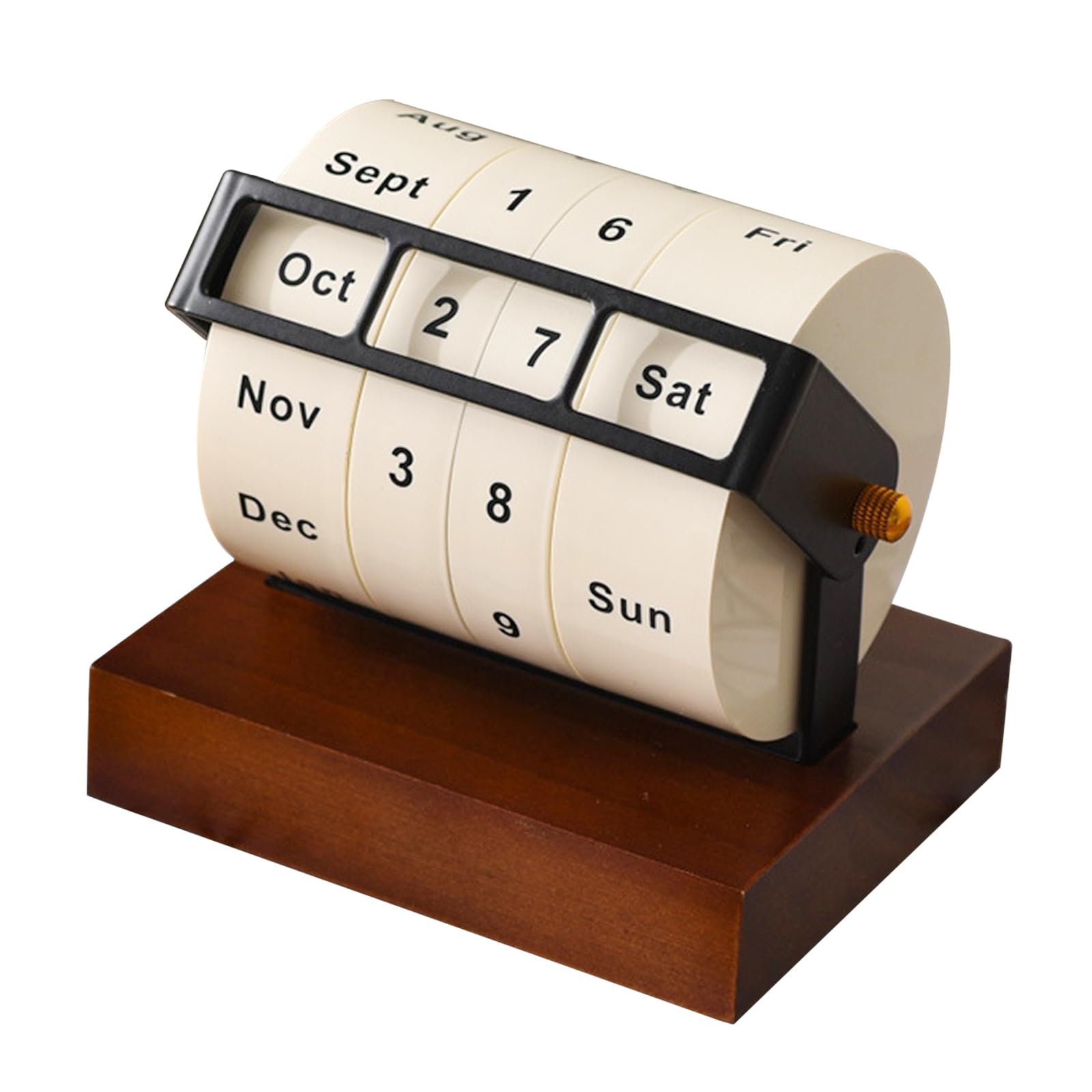 Rotary Perpetual Desk Calendar, Wooden Wheeling Calendar Month Week Day Date Display, Reusable Countdown Desktop Calendar for Home