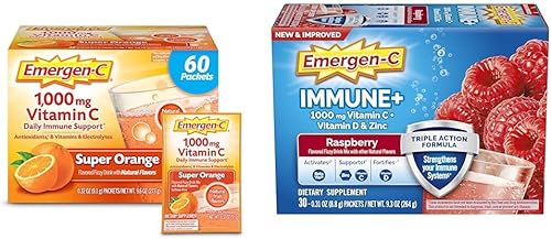 Emergen-C 1000 mg de vitamina C en polvo para apoyo inmunológico diario, suplementos de vitamina C sin cafeína con zinc y manganeso e inmune+ polvo