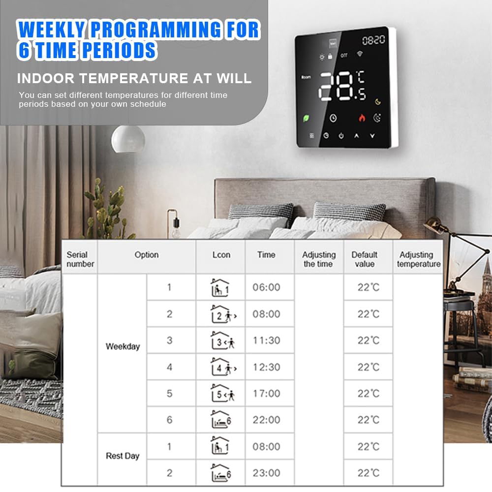 Termostato di riscaldamento a pavimento, termostato ambientale, termostato di riscaldamento, elettrico intelligente, WiFi, touch screen, controllo tramite (riscaldamento dell'acqua