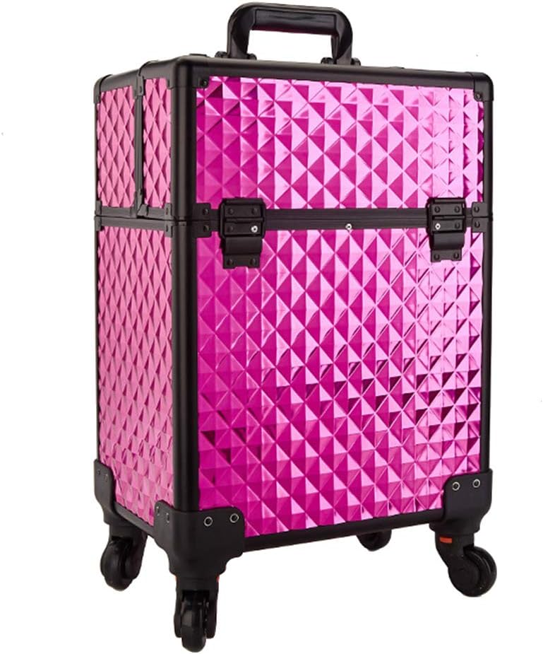 Aluminum Frame Trolley Cosmetic case Diamond Pattern High capacity with 4 Removable Universal Wheels Cosmetic Box,4 (2)