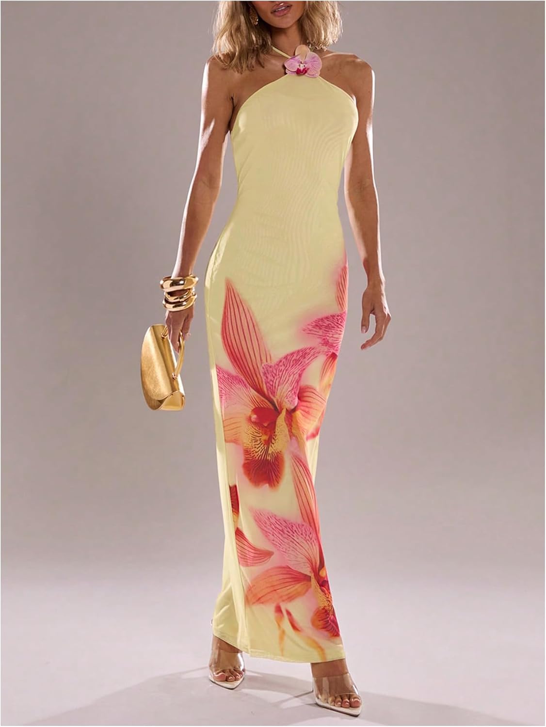 GORGLITTER Women's Floral Maxi Dress Boho Fishtail Halter Tie Backless Bodycon Wedding Guest Party Beach Sun Dresses - Image 2