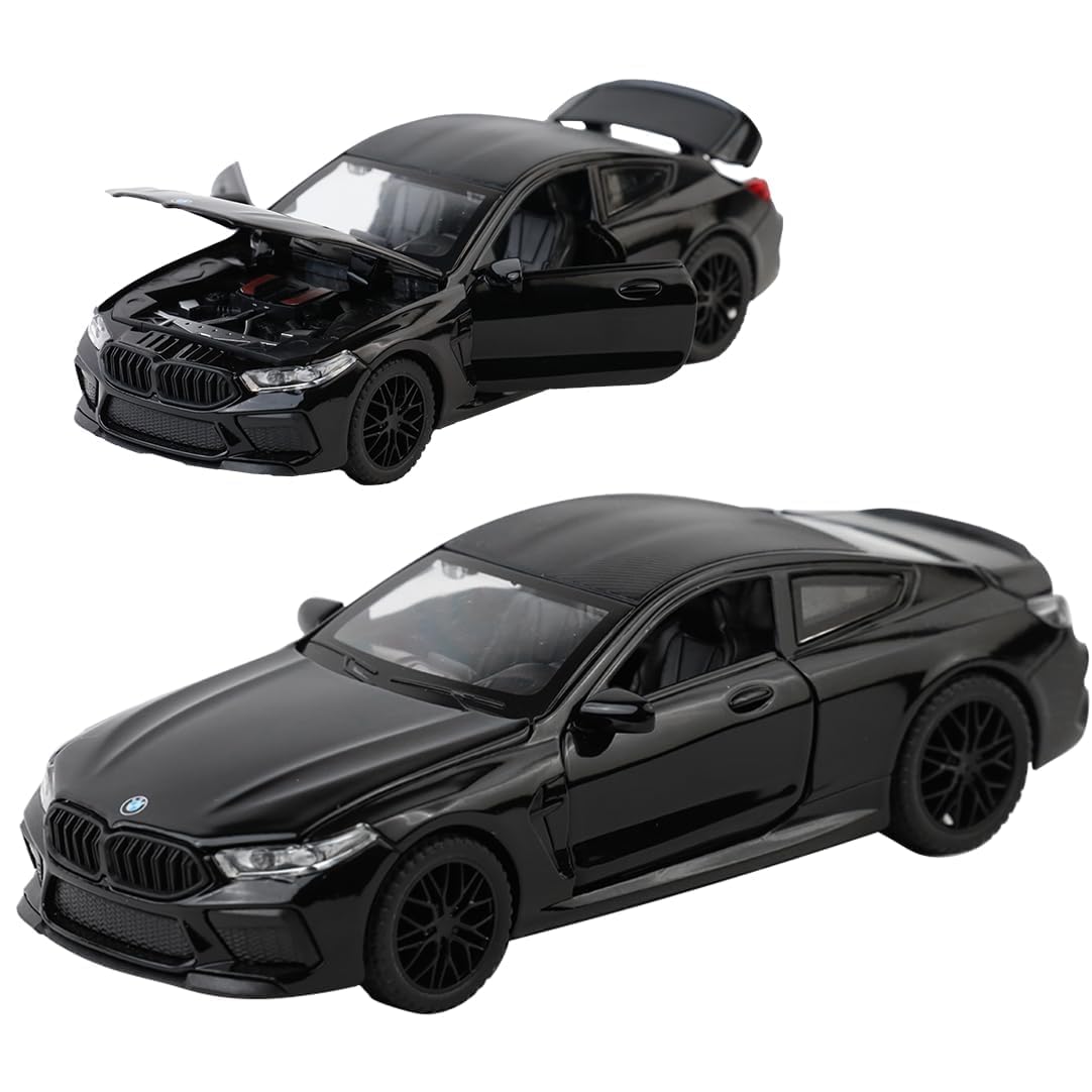 1:32 B-M-W M8 Scale Alloy Diecast Sports Car Model with Sound & Light, Openable Doors & Hood, Pull Back Toy Car for Kids Boys, Collectible Mini Car Gift (1:32 B-M-W M8 - Black Color)-image-22