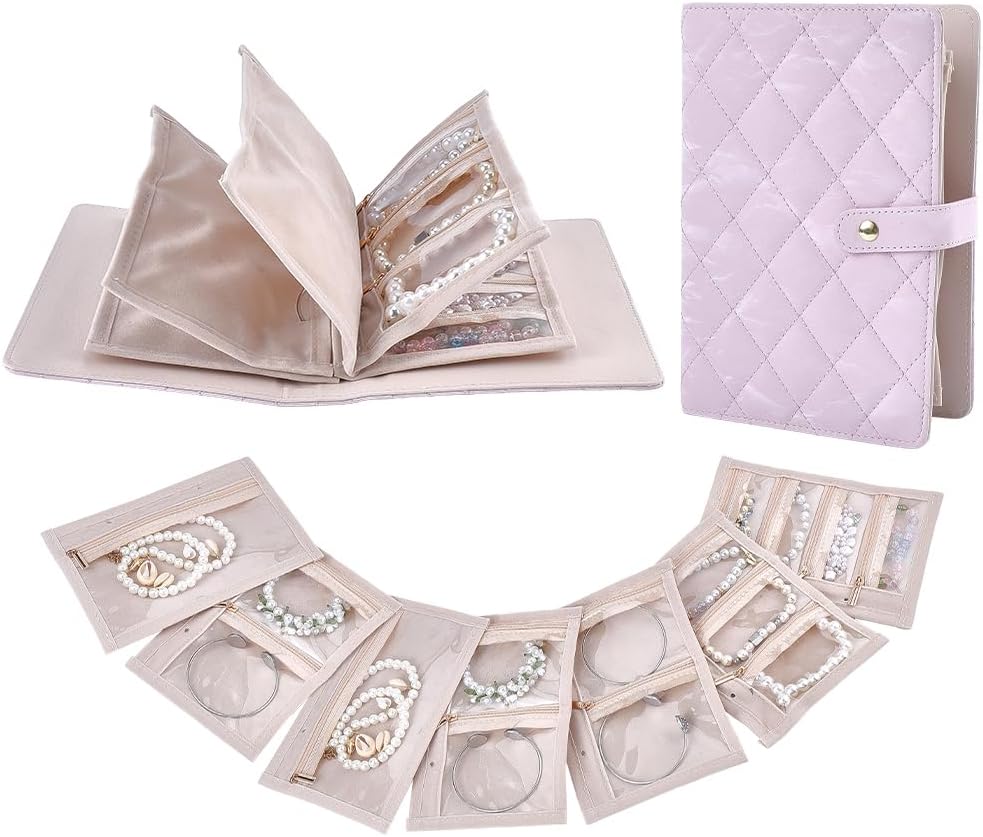 WADORN Jewelry Book Organizer, Portable Jewelry Storage PU Leather Book Portfolio Binder with 7Pcs Detachable Pages Travel Jewellery Storage Case Gift for Mom Earrings Rings Necklaces Bracelets, Pink