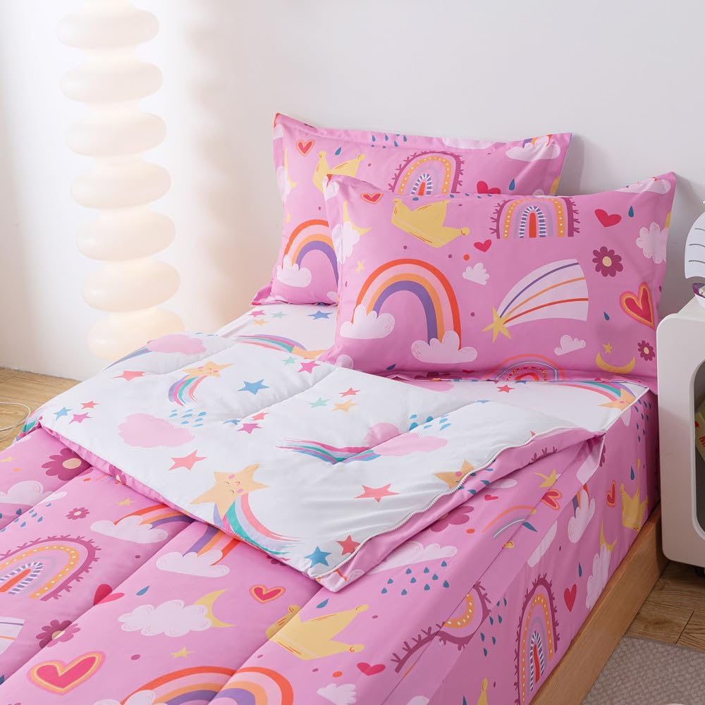 qjmiaofang Zipper Bedding Twin Colorful Rainbow Zip Up Bedding for Girls Kids Cute Pink Rainbow Comforter Bed in A Bag with Rainbow Sheets Soft Microfiber All in One Zipper Bed Set with Fitted Sheet