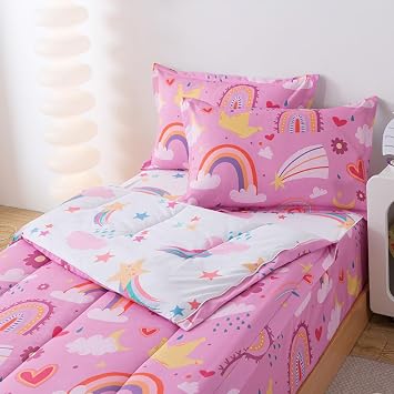 Zipper Bedding Twin Colorful Rainbow Zip Up Bedding for Girls Kids Cute Pink Rainbow Comforter Bed in A Bag with Rainbow Sheets Soft Microfiber All in One Zipper Bed Set with Fitted Sheet
