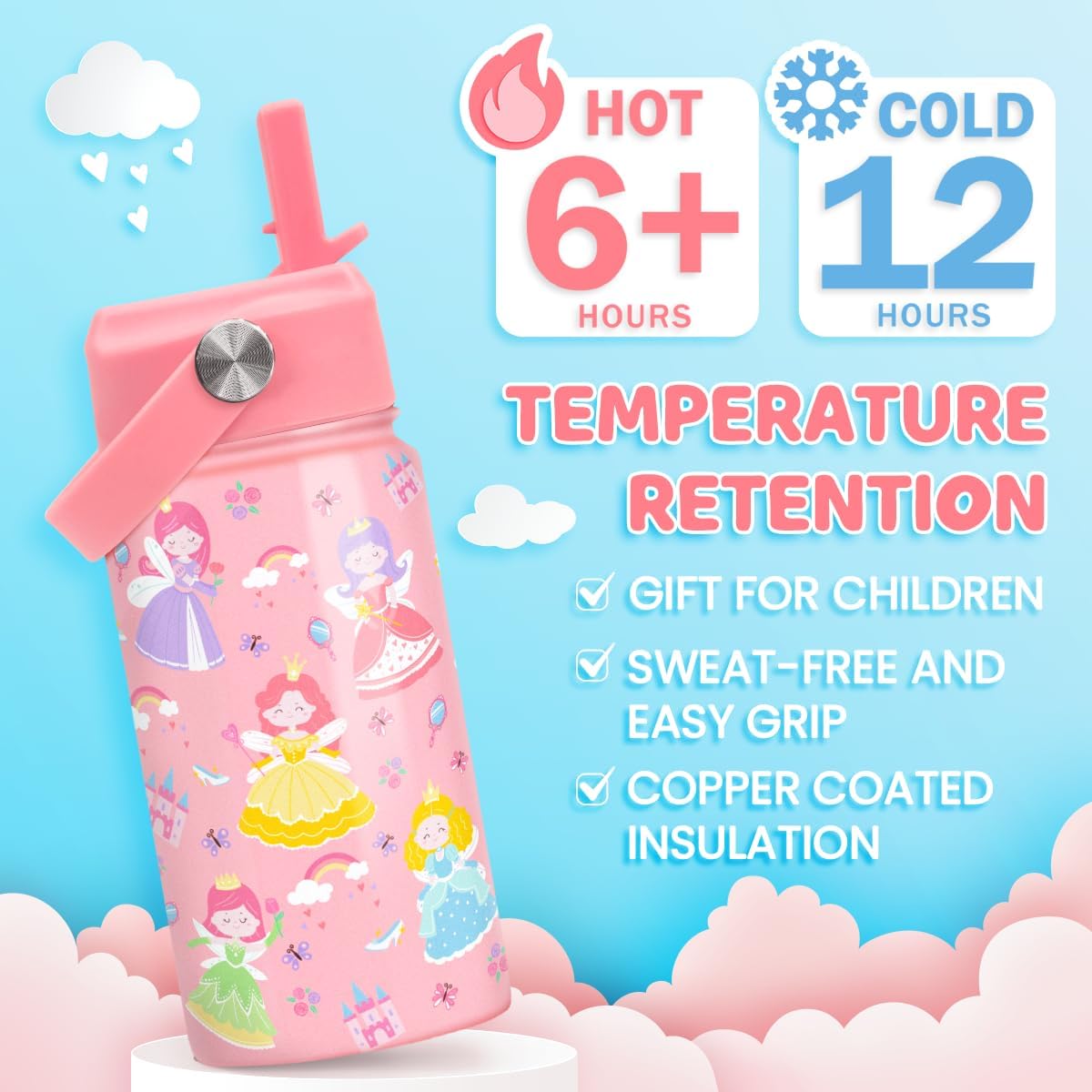 SANDJEST Princess Water Bottle for Girls - Kids Water Bottle with Straw Lid - 12 Oz Insulated Stainless Steel Water Bottles for Kid - Travel Cup for School Sports - Image 4