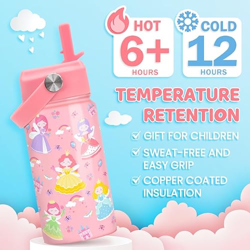 Miniatura 4 de Princess - Botella de agua para niñas, botella de agua para niños con tapa con pajilla, botellas de agua aisladas de acero inoxidable de 12 onzas