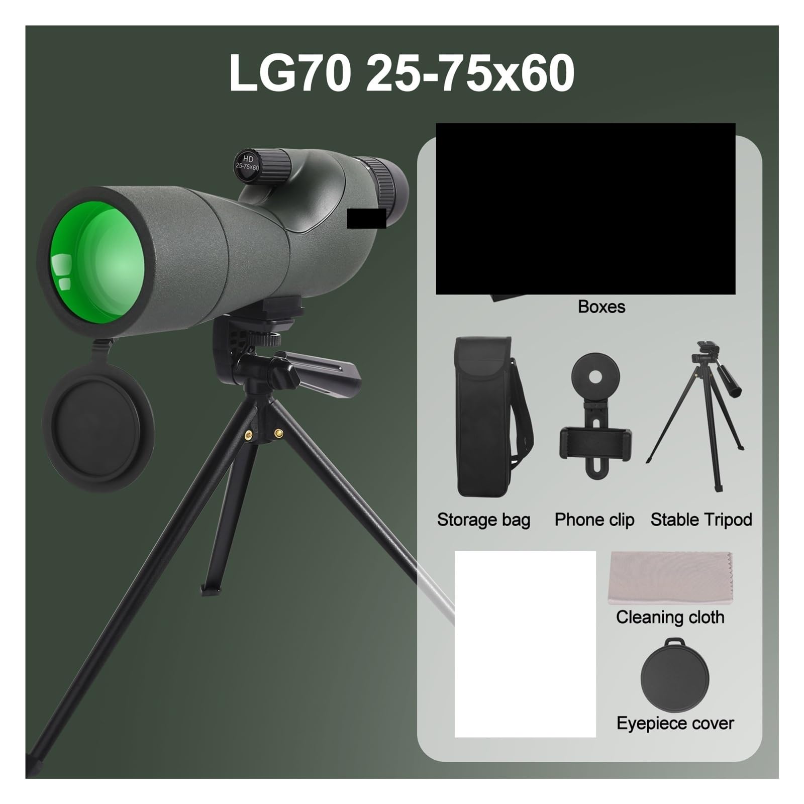 Telescopio monocular de 25-75x60 con Zoom Potente, Resistente al Agua, for observación Aves y Tiro Blanco trípode(Black Set)