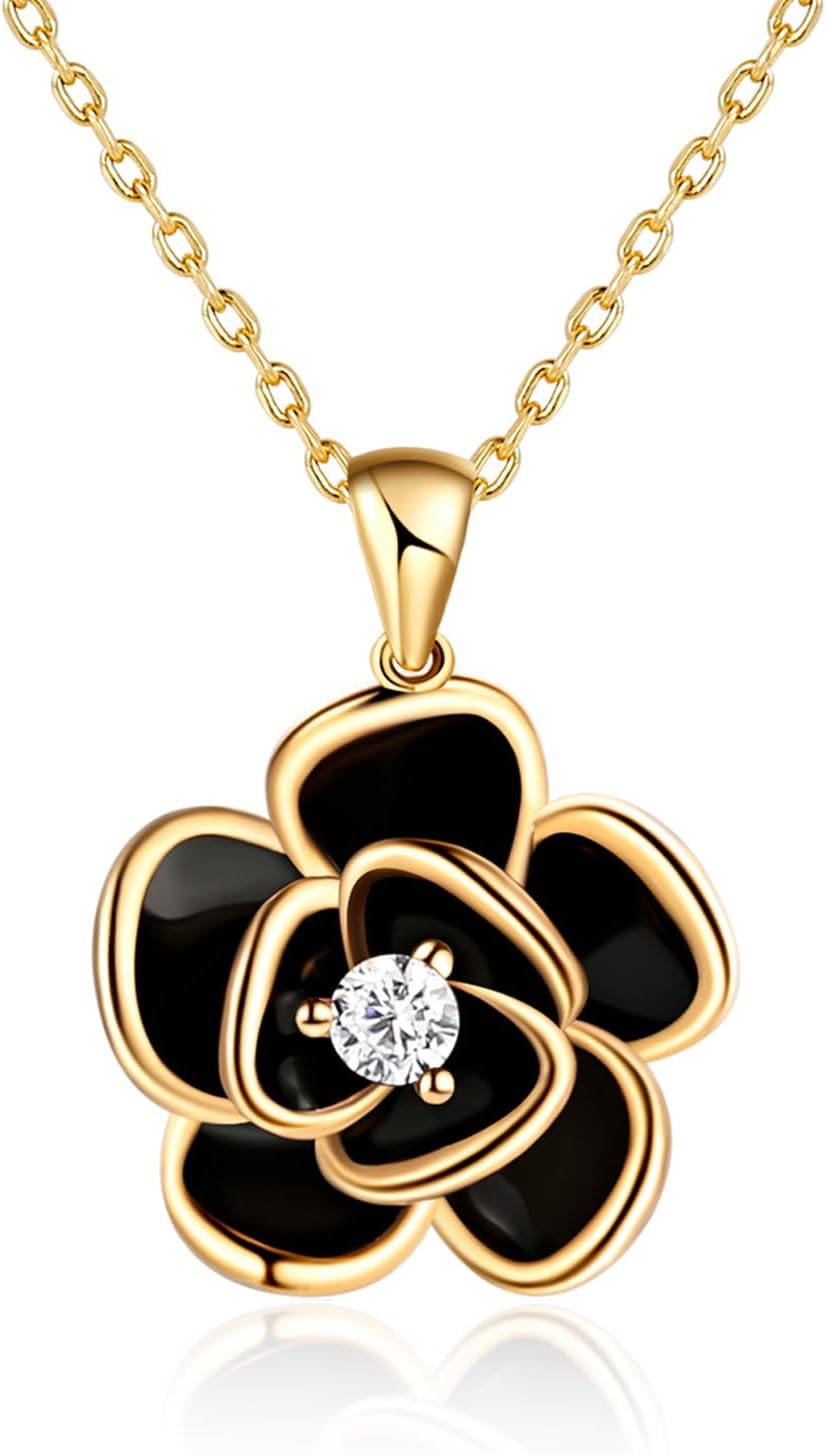 14K Gold Rose Flower Necklace For Women Sterling Silver Dainty Rose Gold Pendant Necklaces Cute Gifts For Birthday wedding Anniversary Valentines Day