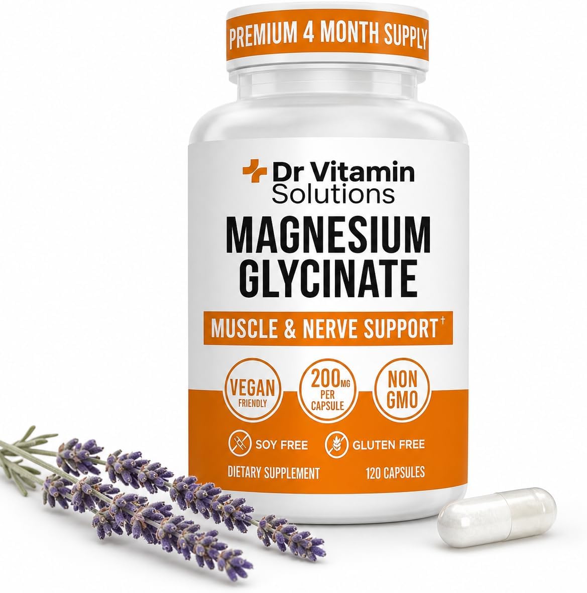 Magnesium Glycinate 200mg High Absorption Chelated Magnesium Supplement for Sleep, Stress, Muscle & Nerve Support, Calm & Relaxation - Vegan, Non-GMO, Gluten & Soy Free - 120 Capsules 4 Month Supply