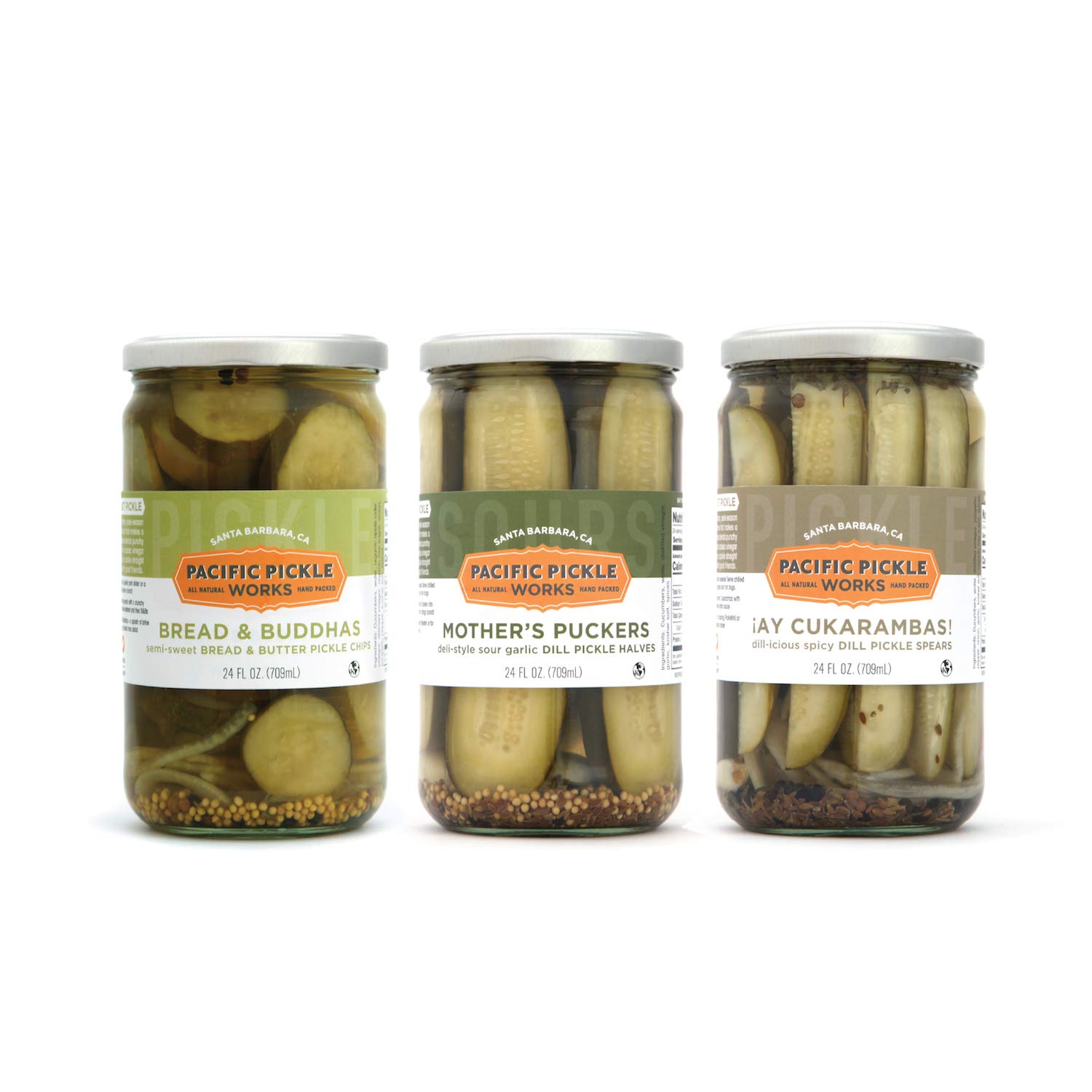 Pacific Pickle Works - 'The Classics' Pickle Variety Pack - Three jars of pickles - Mother's Puckers Home-style pickles, Bread & Buddhas semi-sweet pickle chips, and ¡Ay Cukarambas! semi-spicy original garlic dill pickles