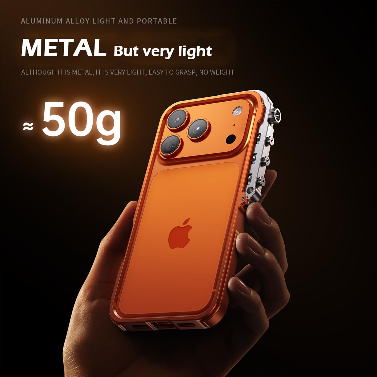 Metalowa ramka etui na iPhone'a 17, innowacyjne mechaniczne przyciski, minimalistyczne, smukłe, aluminiowe, puste, bez pleców, rozpraszanie ciepła, bez zakłóceń sygnału, pomarańczowe