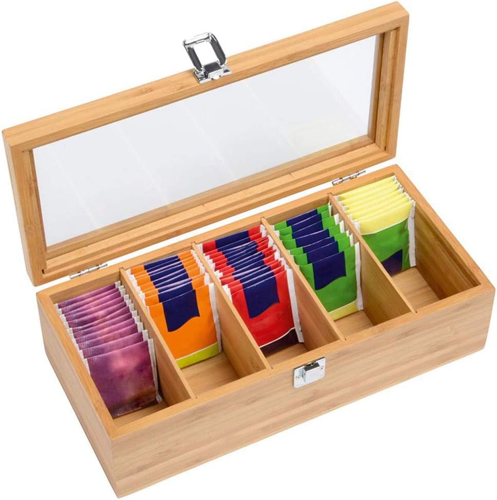 Winbang Tea Bag Box, Bamboo Tea Box Organizer Case with Compartments Design