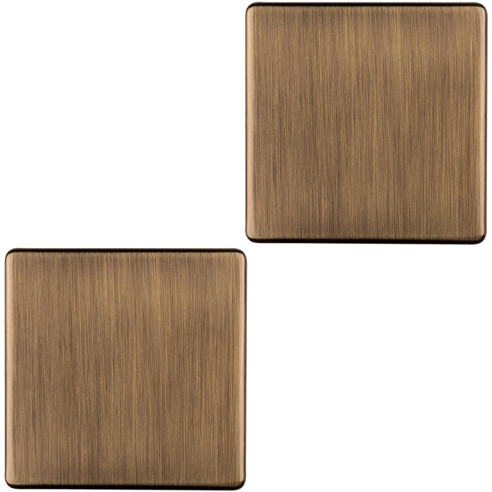 2 Pack Single Screwless Antique Brass Blanking Plate Round Edged Wall Hole Cover 5056581970442