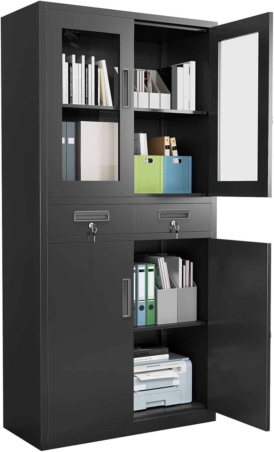 Locking & Metal Display Cabinet - 71" Tall Storage Cabinet with Glass Doors, 2 Adjustable Shelves, 2 Drawers, Recessed Handle, Waterproof Black Cabinet for Garage, Home Office