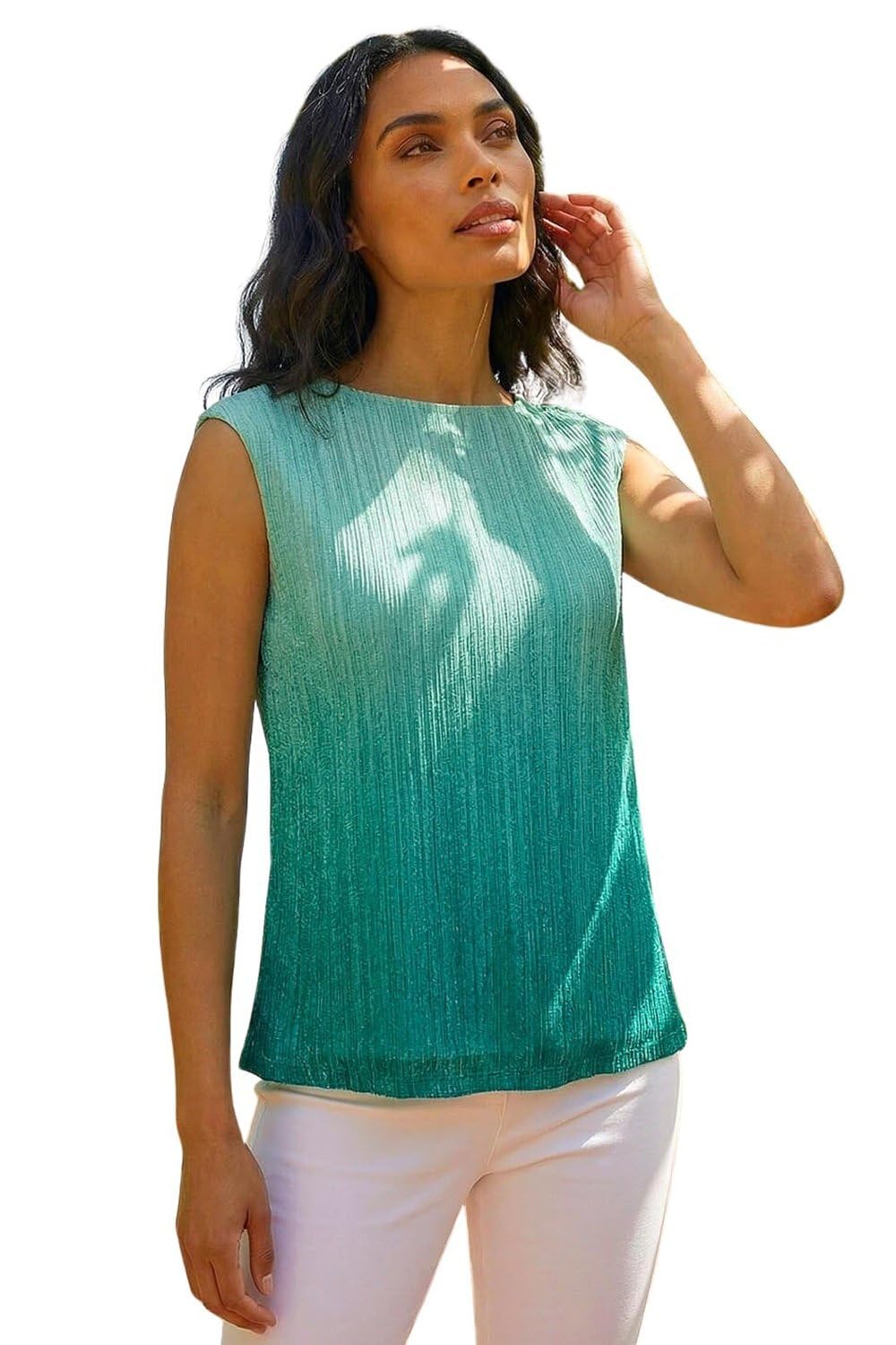 Roman Originals Women's Teal Ombre Plisse Bubble Hem Top For Uk - Everyday Holiday Spring Summer Round Neckline Comfy Soft Evening Vacation Work Party - Size 20