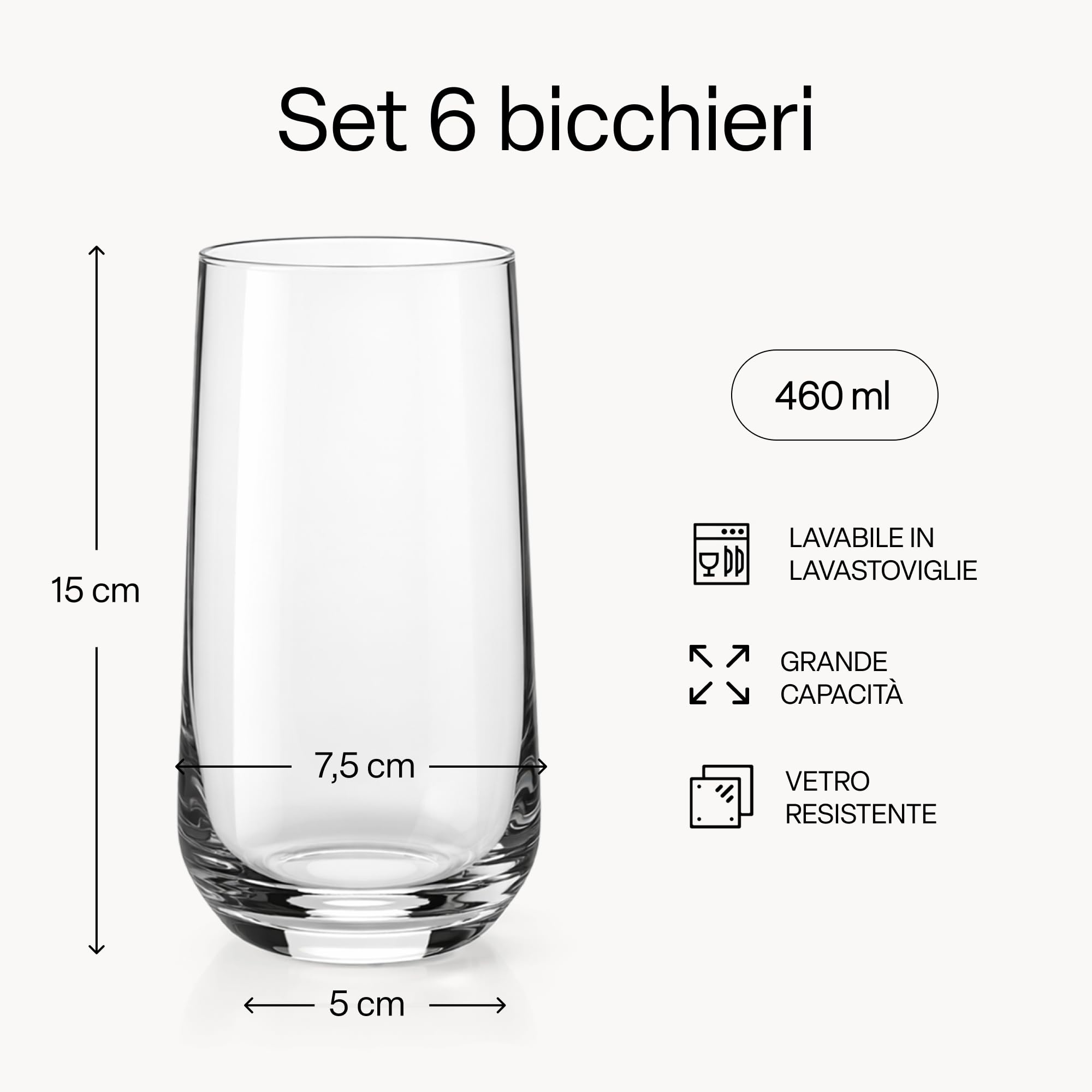 MIAMIO - Set di 6 Bicchieri da Acqua 460 ml, Bicchieri Alti in Vetro, Set Bicchieri per Cucina, Bicchieri Tumbler Uso Quotidiano - Lavabili in Lavastoviglie - Collezione Riva