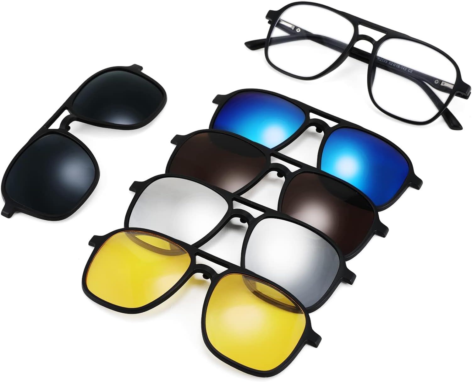Magnetic Clip on Sunglasses TR90 Square Glasses Frame TAC 5pcs Replacement Lens Set Sunglasses for Men Women Eyeglasses Fit Over Night Driving