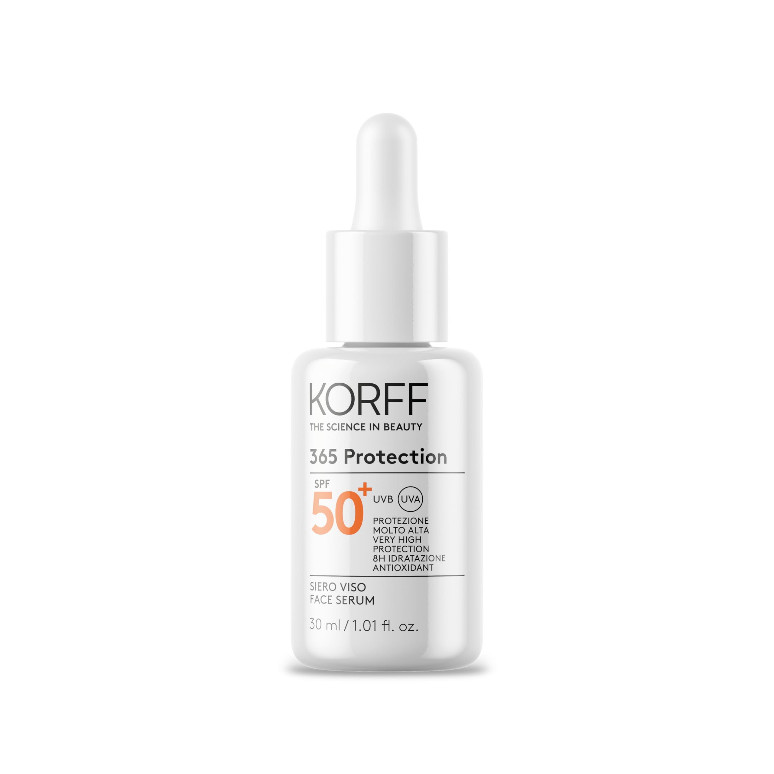 Korff 365 Protection Serum do twarzy SPF 50+, bardzo wysoka ochrona przed słońcem, nawilżanie 8h, płynna tekstura, odpowiednia dla wszystkich rodzajów skóry, opakowanie 30 ml