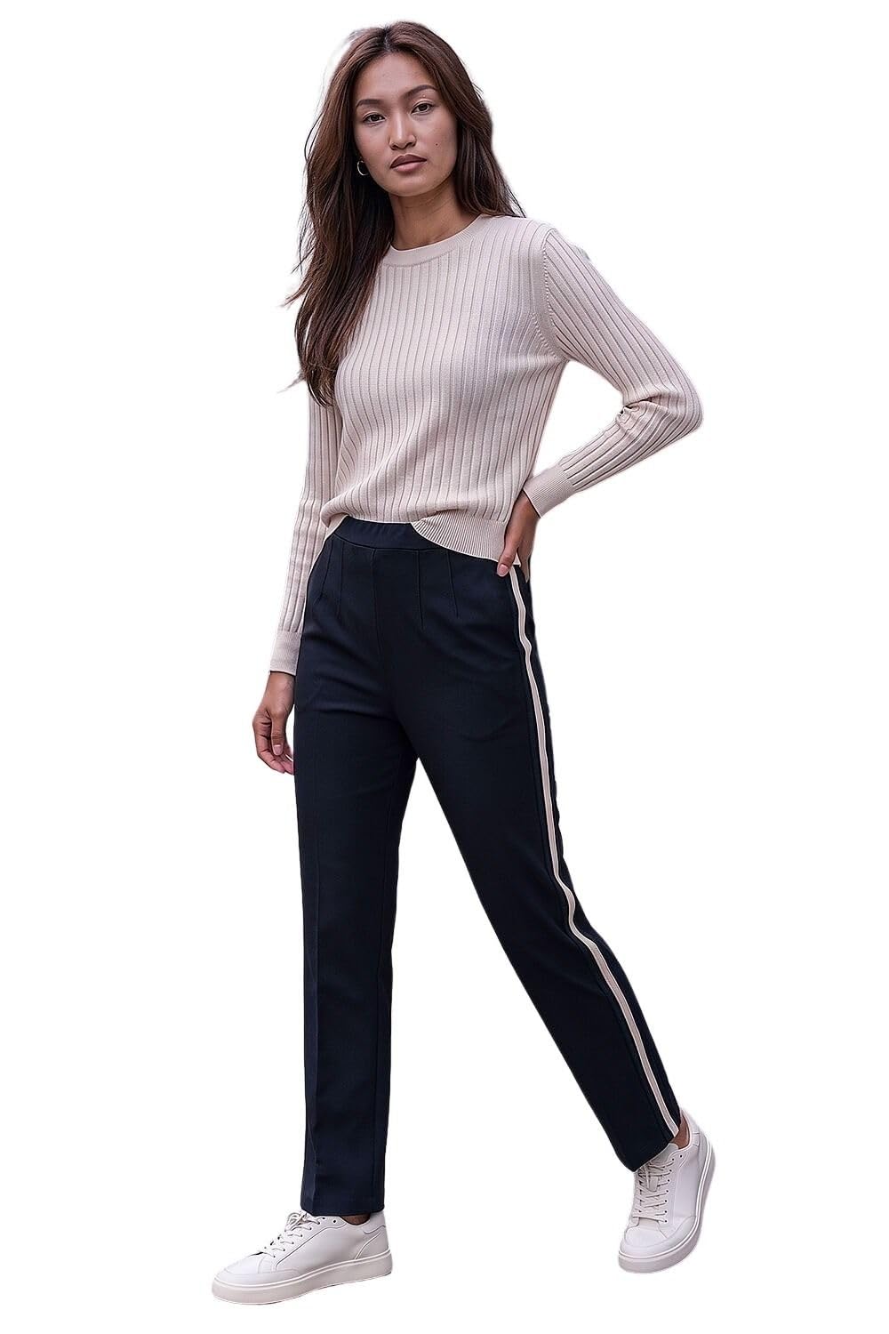 Roman Women's Black Stripe Straight Leg Side Stripe Trousers In | : Size 14