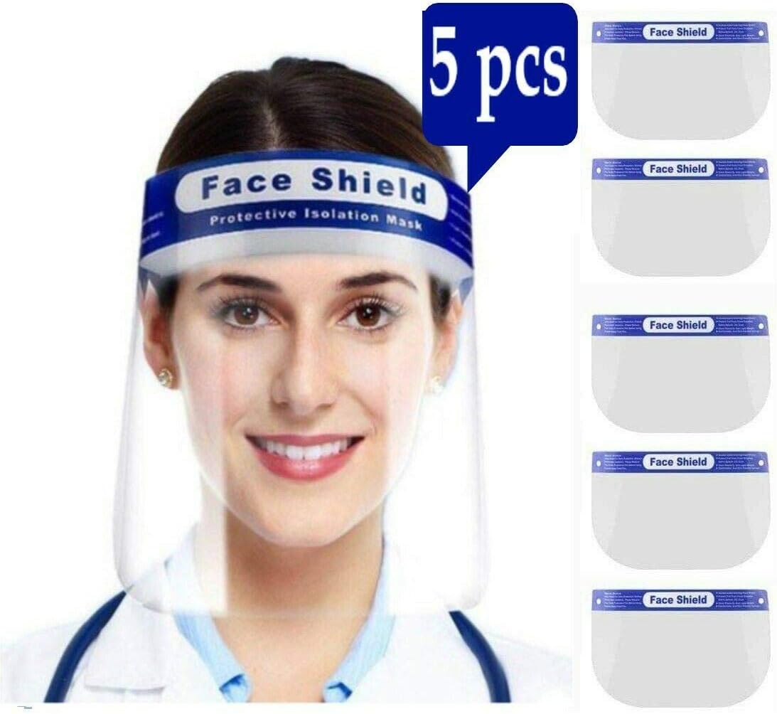 Plastic Safety Face Shield - Full Face Dust Protection, Adjustable Shield Wide Visor Resistant, Spitting Anti Fog Lens, Lightweight, Comfort Soft Sponge, Portable & Easy to Carry Unisex | (5PCS)