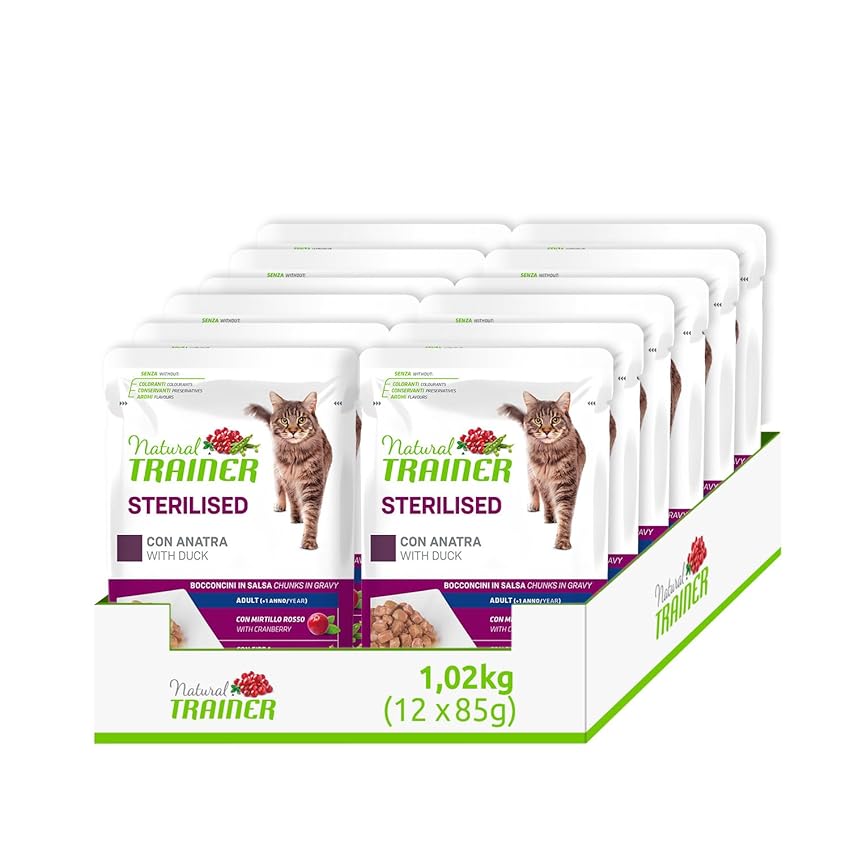 Natural Trainer Sterilised Cibo Umido per Gatti Adulti con Anatra, 12 Buste x 85 gr, 1020 gr