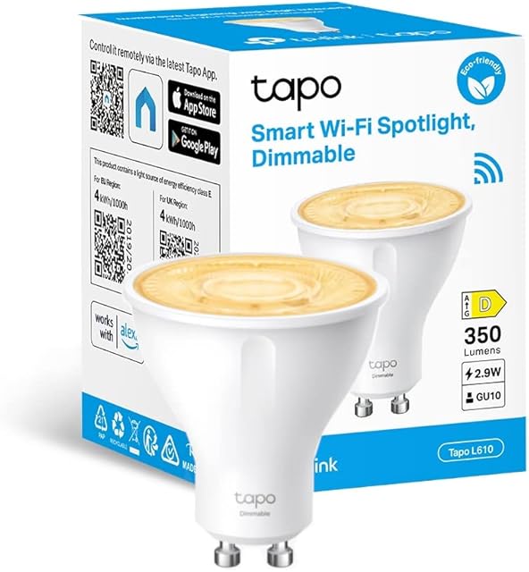 TP-Link Tapo Smart Wi-Fi Spotlight, Dimmable, 2700 K Warm Light, GU10 Lamp Base, Remote Control, Energy Saving, Works with Alexa & Google Home, No hub required (Tapo L610) [Energy Class D]