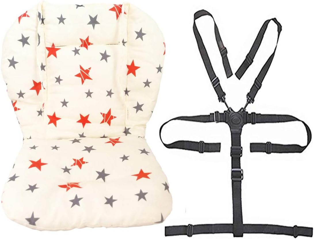 Baby High Chair Seat Cushion Liner Mat Pad Cover and High Chair Straps (5 Point Harness) 1 Suit (Stars)