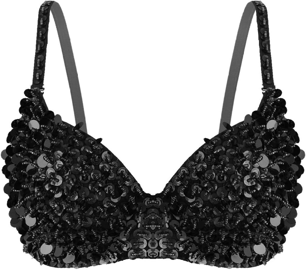 Women's Sparkly Sequins Beading Padded Bras Rave Party Belly Dance Crop Top