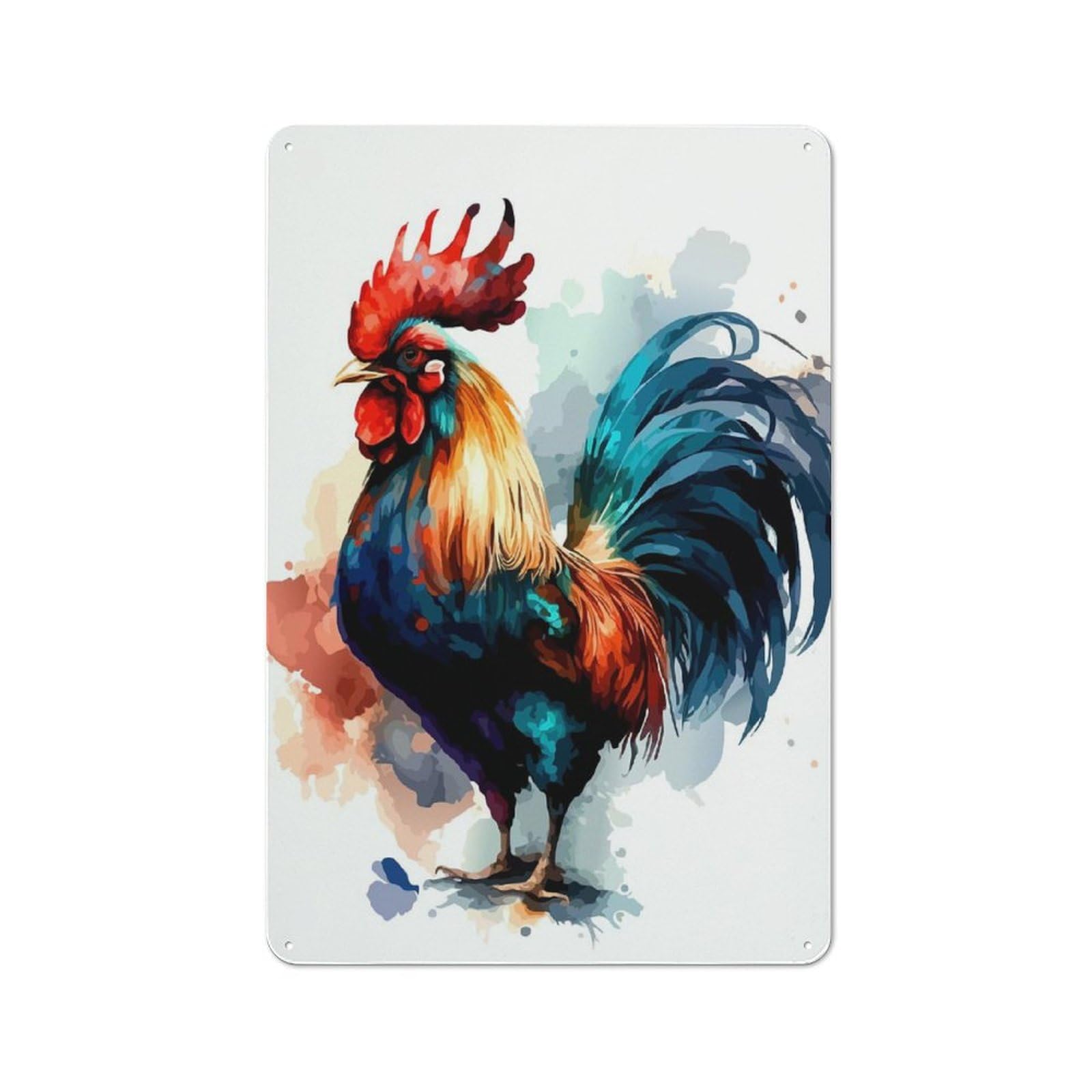 Junmoney Watercolor Rooster Illustration Retro Metal Wall Sign 30X20cm For Studio Or Craft Room, For Metal Sign Collectors, For Garage And Workshop Walls