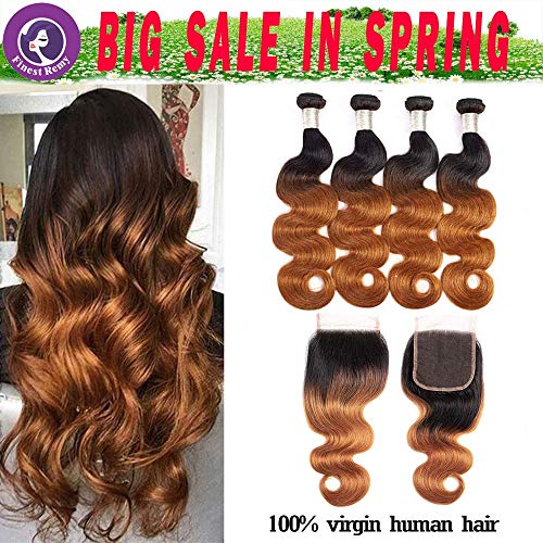 Finest Remy Ombre Brazilian Hair Body Wave 2 Tone Ombre Bundles Body Wave with Closure (14161820+12,1B/30), Ombre Body Wave 4 Bundles Body Wave with Closure