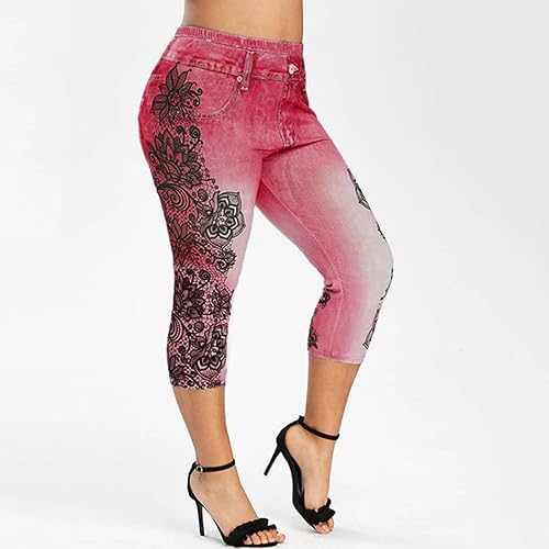 Miniatura 6 de Leggings con aspecto de jean para mujer, cintura alta, control de abdomen, jeans falsos, estampado floral, pantalones capri elásticos para yoga