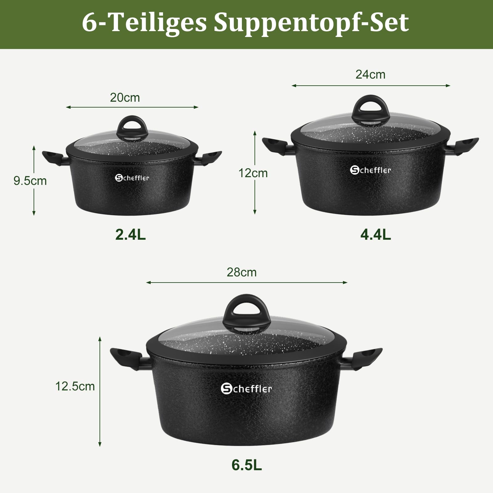 Scheffler Topfset Induktion 6-tlg Kochtopf Set beschichtet(HL-21PS62) | Ø20/24/28cm Kochtopf Induktion mit Glasdeckel,Aluminium ,Spülmaschinenfest,Antihaftbeschichtung,Für alle Herdarten geeignet