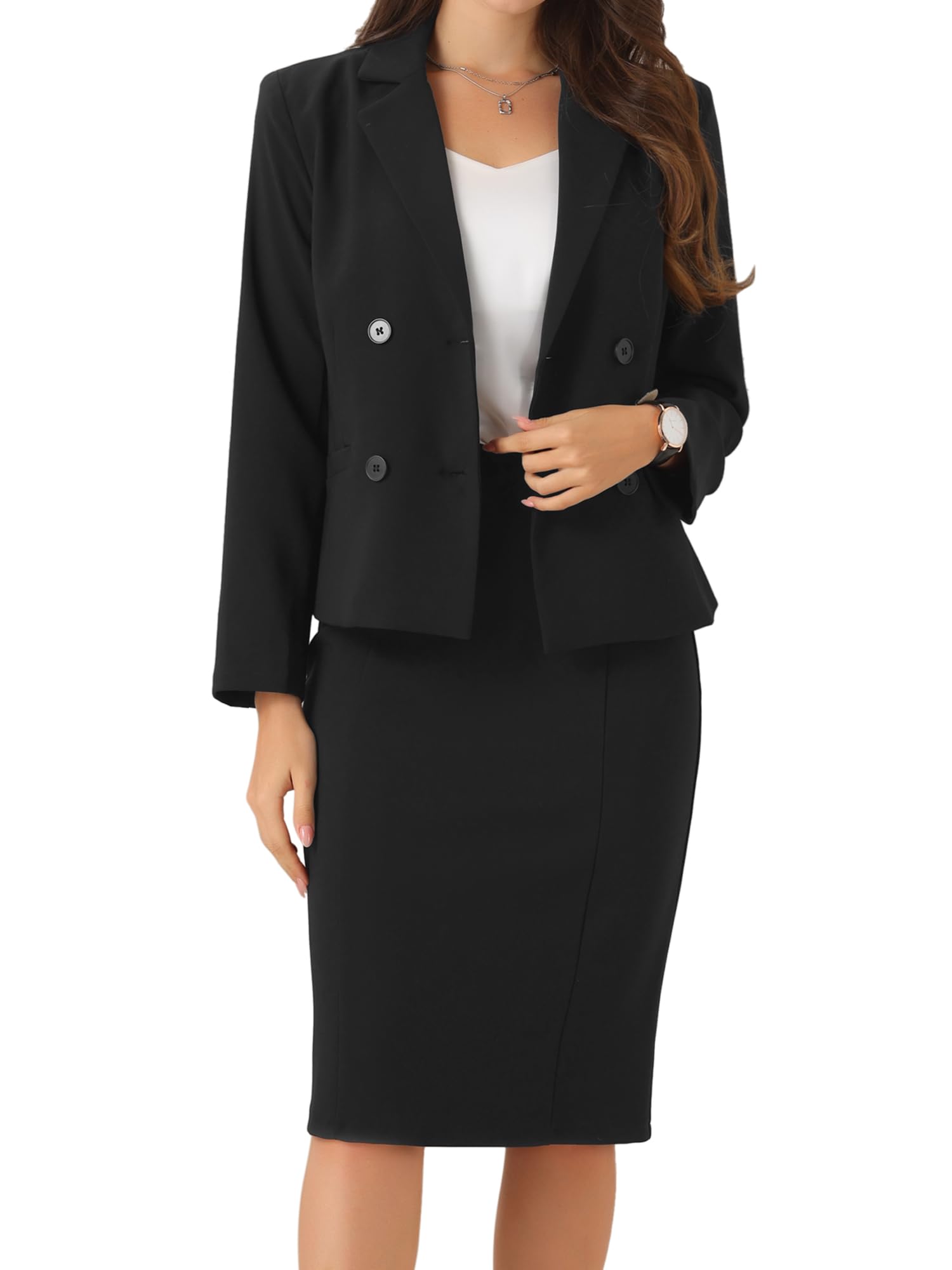 Allegra K Costume d'affaires 2 Pièces Femmes Tenues de Bureau à Manches Longues Uniformes Ensemble Formelle Veste Blazer et Jupe Crayon Tailleurs-Jupes Élégant