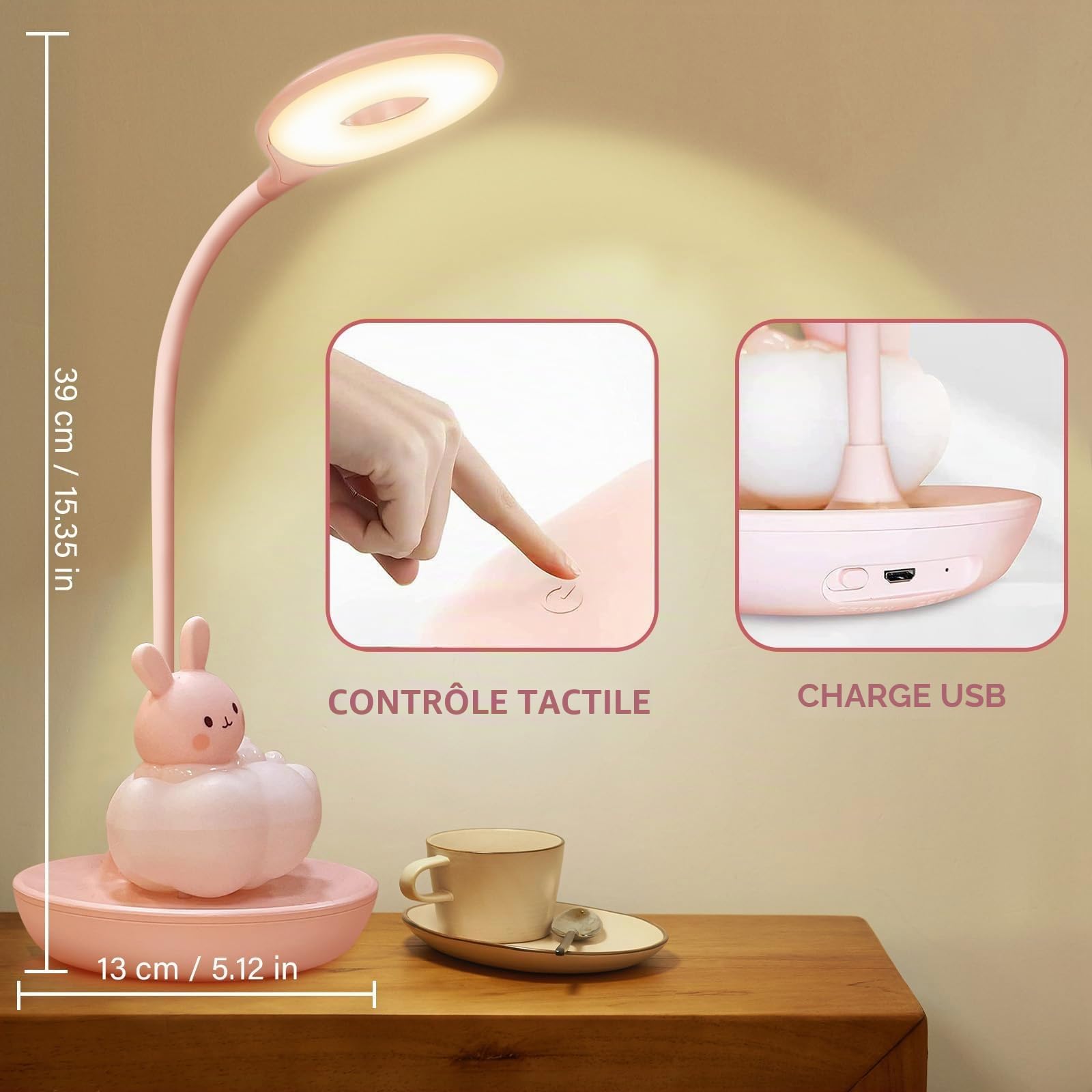 LED Lampe Bureau Enfant Fille, Lampe de Table 3 Niveaux de Lumière et 5 Combinaisons, Lampe de Bureau à toucher press Enfant pour fille, Lampe Kawaii Rechargeable Lapin Rose (ROSE)