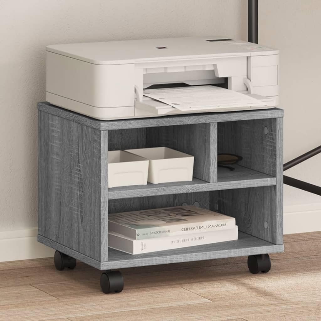 Druckertisch auf Rollen Grau Sonoma 41x32x34,5 cm, Druckerständer mit Rollen aus Holzwerkstoff, Stabiler Druckerwagen mit 2 arretierbaren multifunktionaler Organizer für Büro,