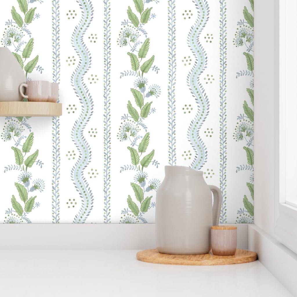 Spoonflower Peel & Stick Wallpaper 3ft x 2ft - Soft Blue Greens White Stripe Green Floral Dots Traditional Custom Removable Wallpaper