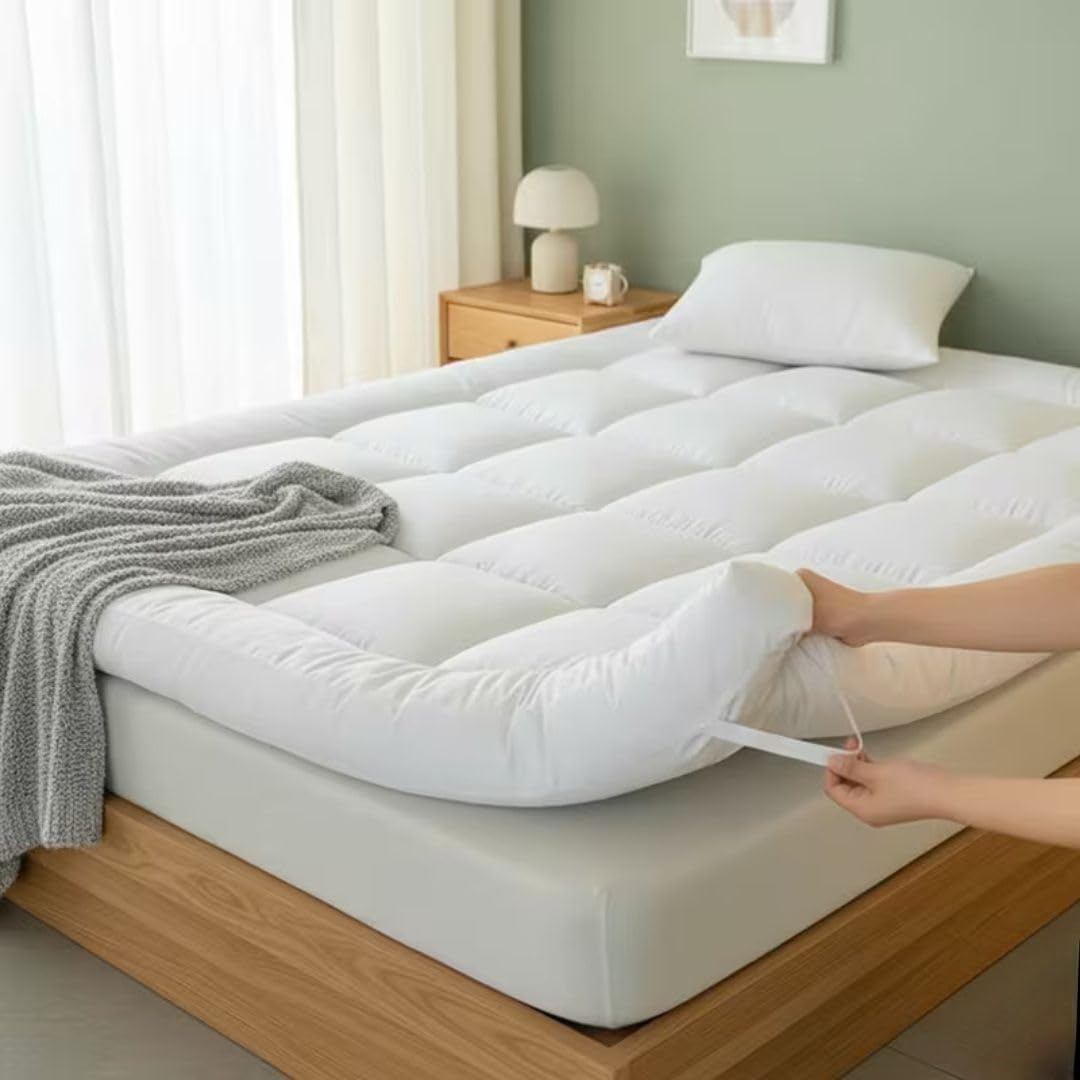 Extra Deep 10cm Thick Super King Mattress Topper - 1000 GSM Heavy Fill Back Support, Hotel Quality Microfibre Mattress Pad | Strong Elastic Straps Machine Washable (White, Super King Topper)