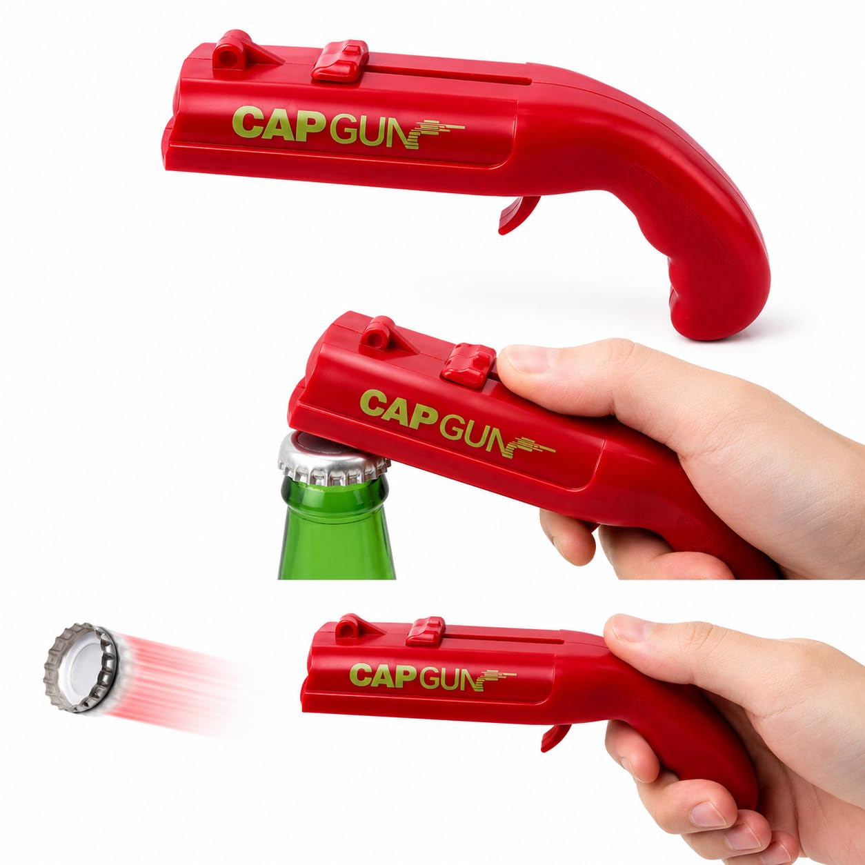 Cap Gun Bottle Opener & Bottle Cap Shooter | 2-in-1 Beer Bottle Opener Launcher | Pull Lever & Push Button Cap Shooter | Fun Bar Gadget for Home, Parties & Gifts | Durable ABS Plastic-image-10