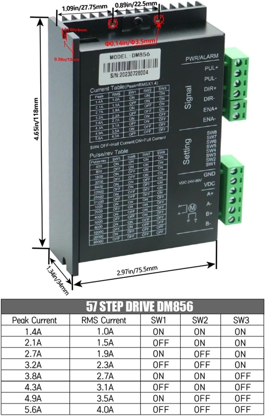 Huayong DM856 Microstep Motor Driver with current and pulse/rev setting tables