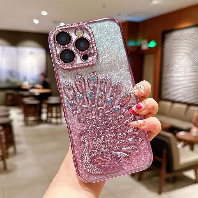 Image of mobistyle Designed for iPhone 15 Pro,3D Diamond Luxury Electroplate Glitter Peacock Tail Bling Design Camera Protection Shockproof Phone Back Cover Case for (Pink, iPhone 15 Pro)