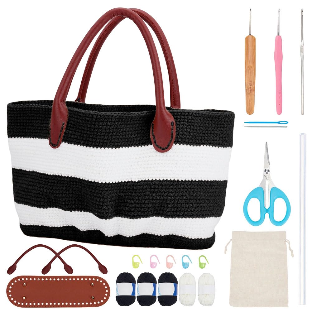 ORIGACH DIY Crochet Handbag Kit for Beginners, Black Striped Crochet Bag with PU Leather Band and Base, Complete Crochet Set Include Yarn, Crochet Hooks, Markers and Instruction