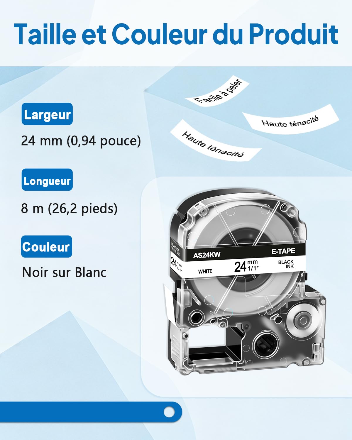 Cruxer 10 Paquet de Remplacement pour SS24KW LC-6WBN AS24KW 24 mm x 8 m ruban d'étiquettes Laminé Noir sur Blanc Compatible avec l'étiqueteuse Epson LW-600P LW-700 LW-900P LW-1000P