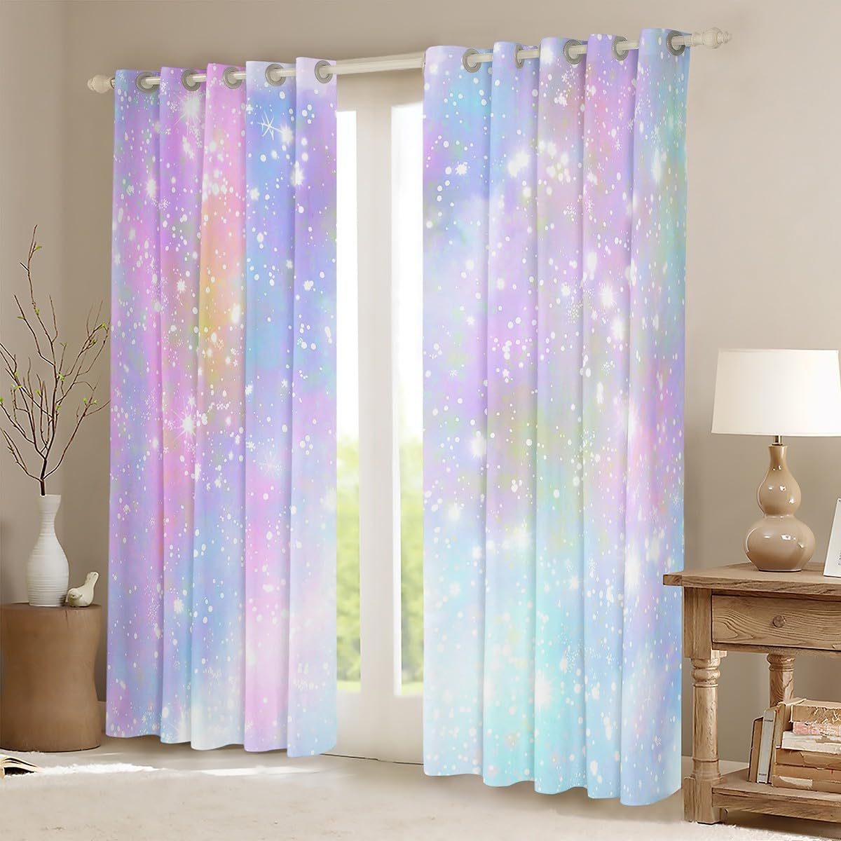 Loussiesd Girls Glitter Darkening Dreapes Kawaii Galaxy Pastel Kids Curtains for Bedroom Rainbow Comter Blackout Curtains Colorful Glitter Outer W52*L63 - Image 2